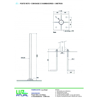 Poste Reto com Base e Chumbador - 3 Metros