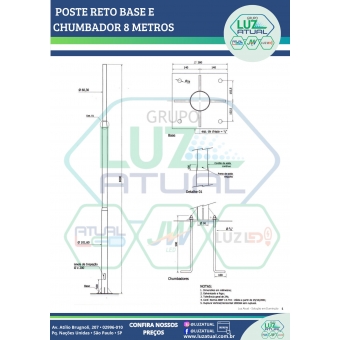 POSTE RETO BASE E CHUMBADOR 8 METROS