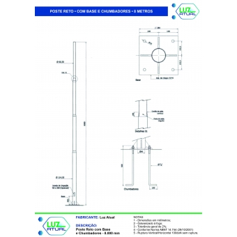 Poste Reto com Base e Chumbadores - 8 Metros