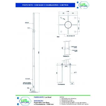 Poste Reto com Base e Chumbadores - 9 Metros