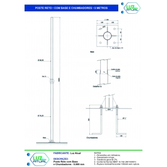 Poste Reto com Base e Chumbadores - 5 Metros